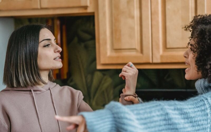 woman pointing angrily at another woman